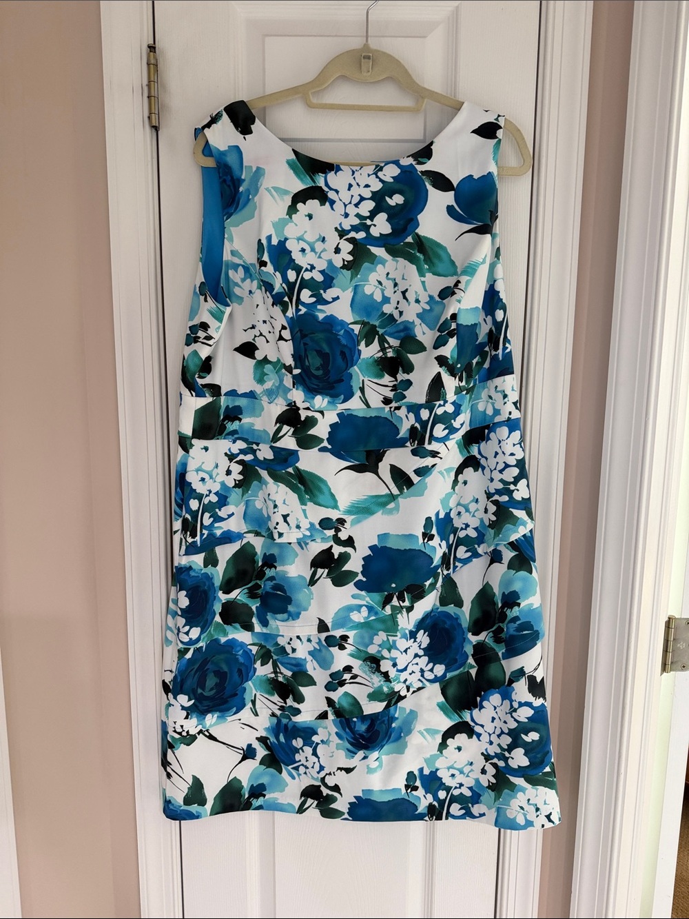 Dress Barn Sleeveless Blue Floral Shift Dress - White & Teal, Size 18W